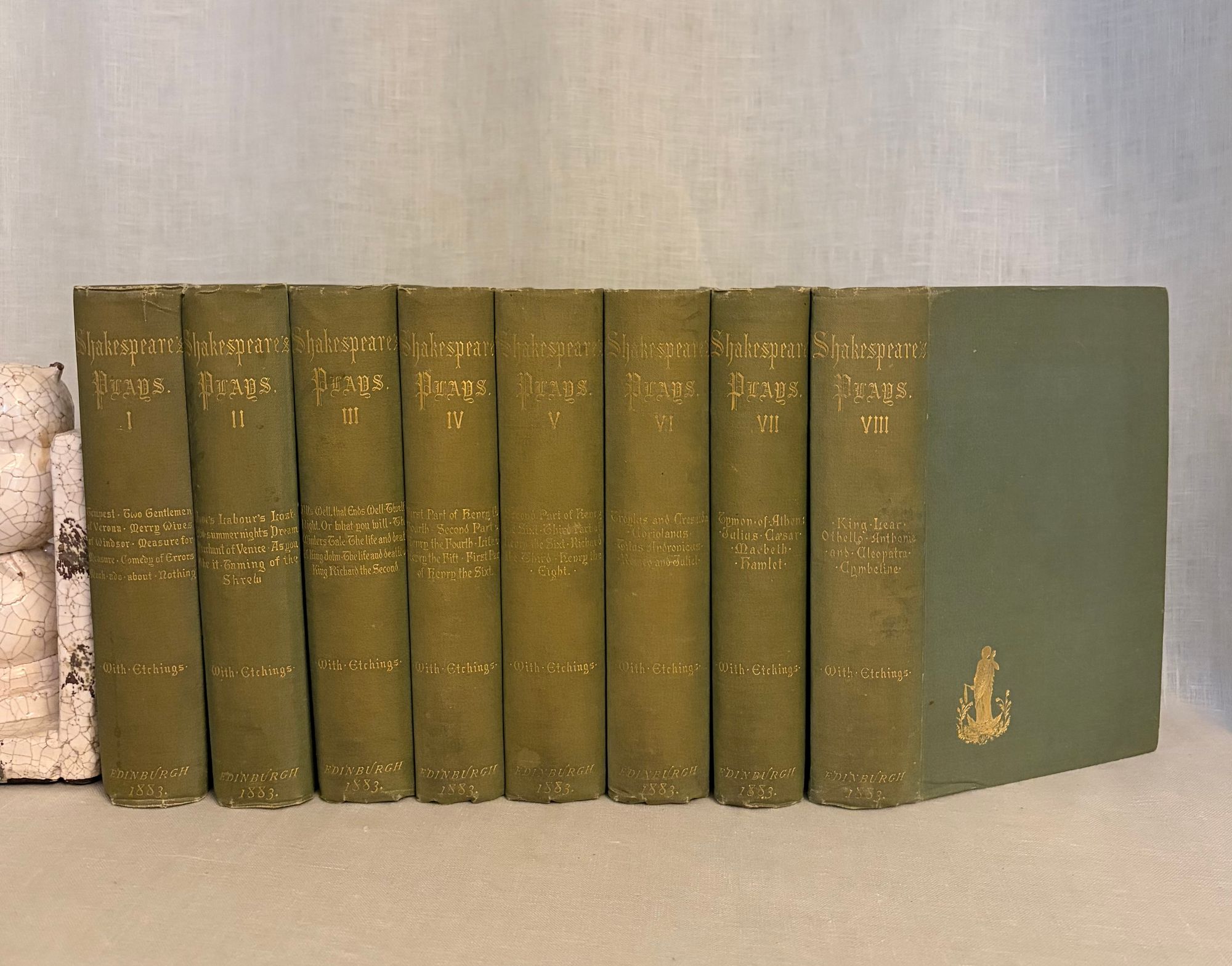 Dramatic Works of Shakespeare. The Text of the First Edition. Illustrated with Etchings. (in 8 volumes) by Shakespeare, William; Johnson, Ben; Heninge, John; Condell, Henry; Holland, Hugh; Diggs, L. (dedications)
