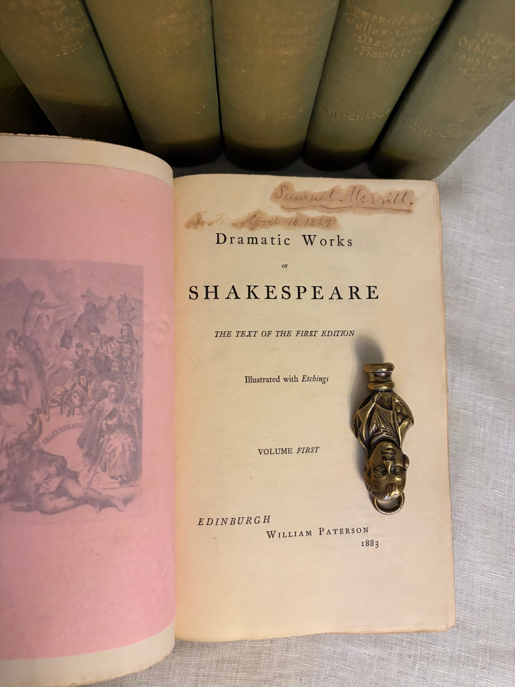 Dramatic Works of Shakespeare. The Text of the First Edition. Illustrated with Etchings. (in 8 volumes) by Shakespeare, William; Johnson, Ben; Heninge, John; Condell, Henry; Holland, Hugh; Diggs, L. (dedications), view 3