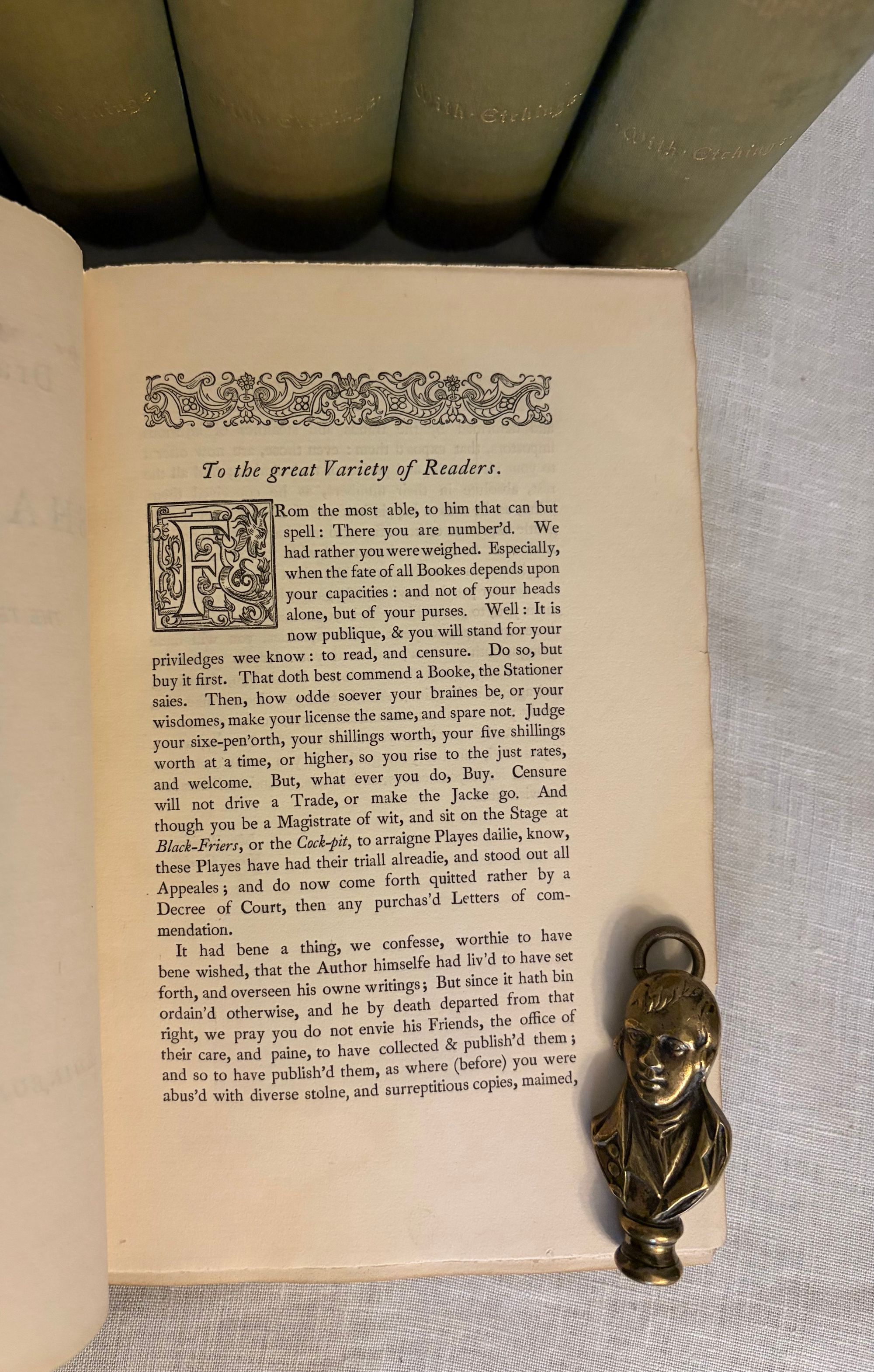 Dramatic Works of Shakespeare. The Text of the First Edition. Illustrated with Etchings. (in 8 volumes) by Shakespeare, William; Johnson, Ben; Heninge, John; Condell, Henry; Holland, Hugh; Diggs, L. (dedications), view 4