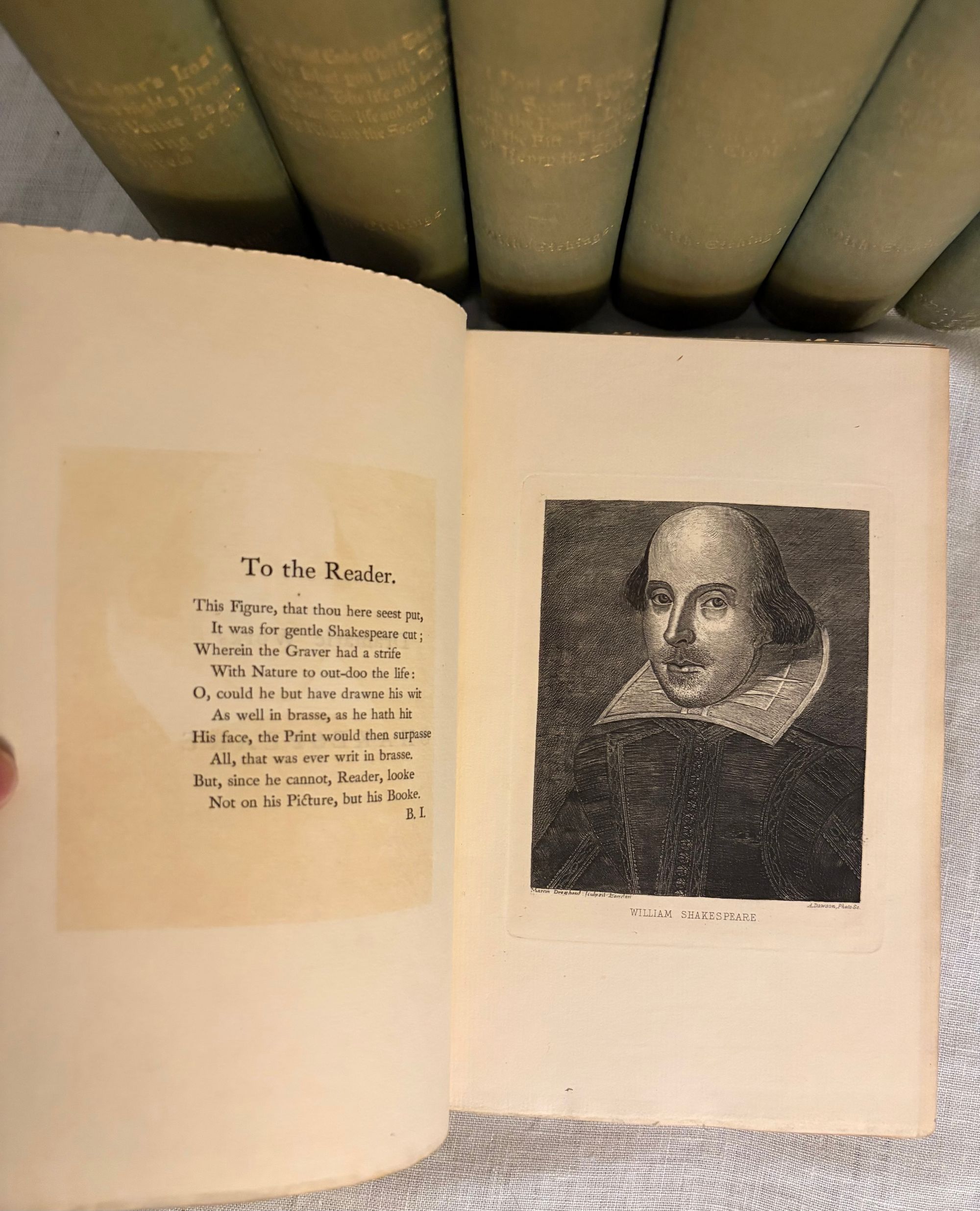 Dramatic Works of Shakespeare. The Text of the First Edition. Illustrated with Etchings. (in 8 volumes) by Shakespeare, William; Johnson, Ben; Heninge, John; Condell, Henry; Holland, Hugh; Diggs, L. (dedications), view 9